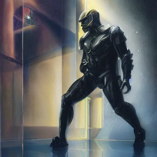 Prompt: sylvester stallone in metal tiger armor, tech noir, wet reflections, prism, atmospheric, ambient, pj crook, syd mead, livia prima, greg rutkowski, edward hopper