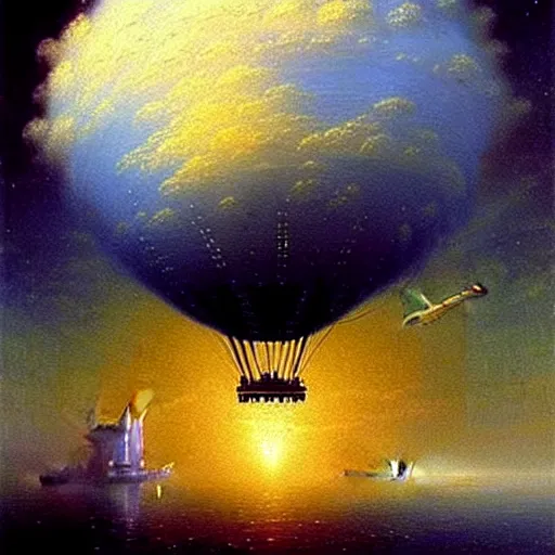 Prompt: A beautiful city in the sky spaceships zepellin air ballon birs detailed painting beautiful artwork by Ivan Aivazovsky