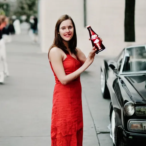 Prompt: a woman, mid-20s holding a bottle of coca-cola