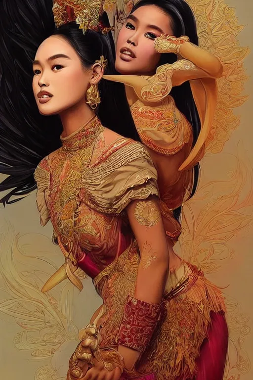 Prompt: portrait of a beautiful indonesian supermodels wearing traditional costume, highly detailed,!!! coherent hands!!!, digital painting, artstation, concept art, sharp focus, illustration, art by kittichai rueangchaichan and james gurney and alphonse mucha