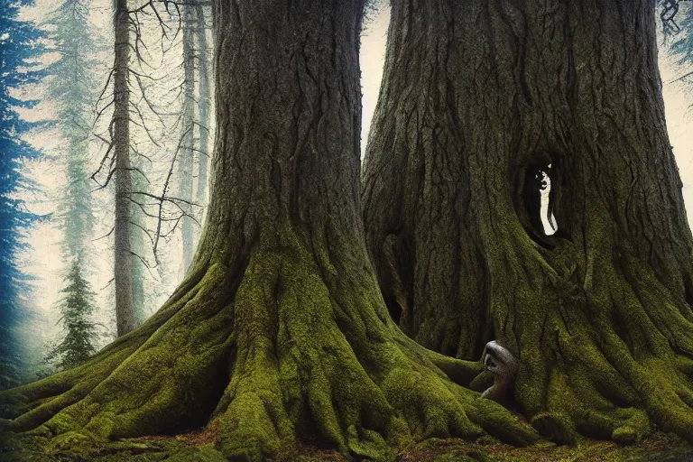 Prompt: ent monster tree in a swedish forest, very low angle photograph, very detailed, trending on artstation, realistic, soft colors, illustration by john bauer, simon stålenhag