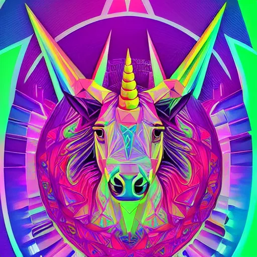 Prompt: a psychedelic neon technicolor portrait illustration of a low poly unicorn in geometric kaleidoscopic colors trending on artstation 4 k intricate extremely detailed digital art