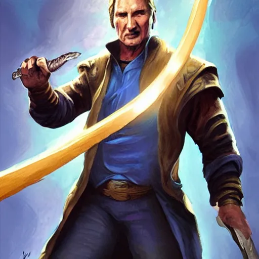 Prompt: Liam Neeson as Burl Gage, Antimage, wielding a dagger, iconic Character illustration by Wayne Reynolds for Paizo Pathfinder RPG