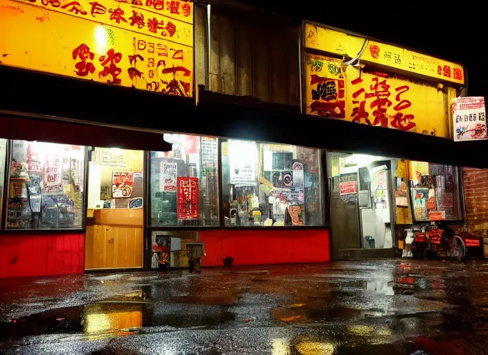 Image similar to exterior of an open cyberpunk ramen place during a rainy night