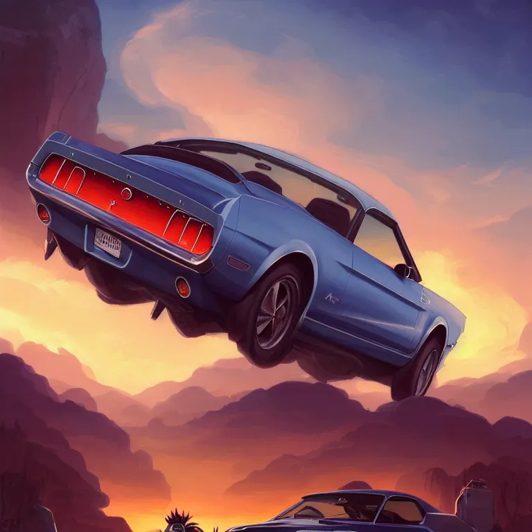 Prompt: view from behind a 1 9 6 8 mustang driving down a country road, coriolios rpg art style, full of details, warm sunset colors, matte painting, artstation, 8 k, hyperrealistic, style of peter mohrbacher, album cover