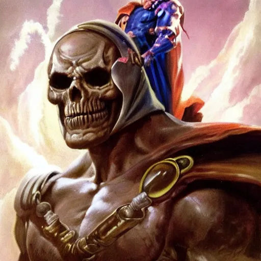 Prompt: ultra realistic portrait painting of skeletor as thor, art by frank frazetta, 4 k, ultra realistic, highly detailed, epic lighting