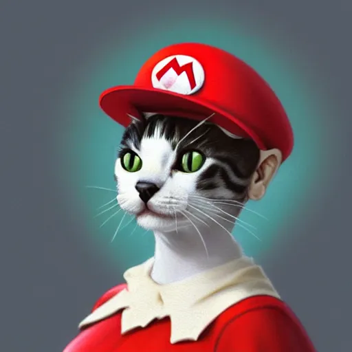 Image similar to Portrait of a Cat dressed as Super Mario, nintendo, highly detailed, digital painting, artstation, concept art, smooth, sharp focus, illustration, art by artgerm and greg rutkowski and alphonse mucha