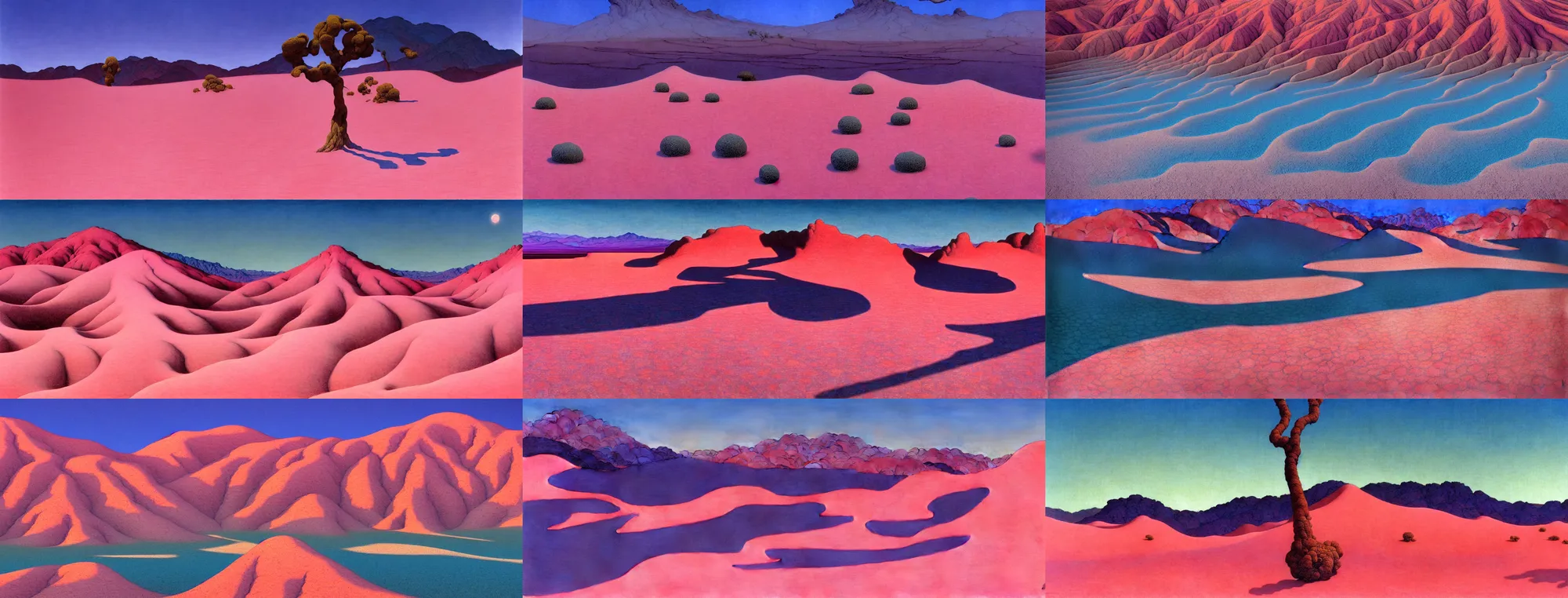 Prompt: a gorgeous desert painting of death valley, separated by streams of shimmering blue sand by barlowe wayne maxfield parrish and marco mazzoni. tree no leaf!!!! china mountain village!! blue and very little light verdancy. the protruding pink clumps of rock. ultra clear detailed. 3 d, octane render. turbulent blood lake.