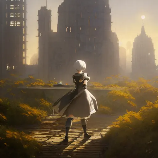 Image similar to highly detailed painting of 2 b nier automata, stephen bliss, 8 k, unreal engine, by greg rutkowski, loish, rhads, artgerm, ferdinand knab, makoto shinkai and lois van baarle, ilya kuvshinov, rossdraws, tom bagshaw, global illumination, radiant light, detailed and intricate environment