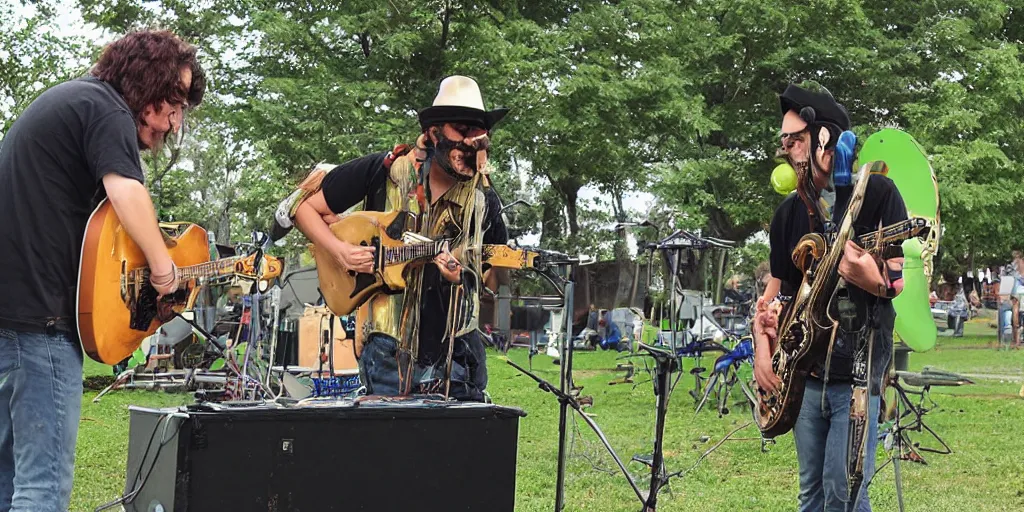 Prompt: a green-haired, funky, rustic, gentle metro dingo sound guy with a Salvador Dali moustache mixes a band in the park