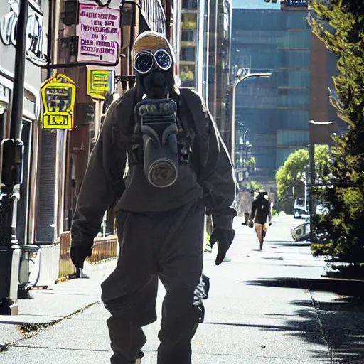 Prompt: man in a gasmask screaming walking down the streets of seattle, sunlight, sunny day, full shot