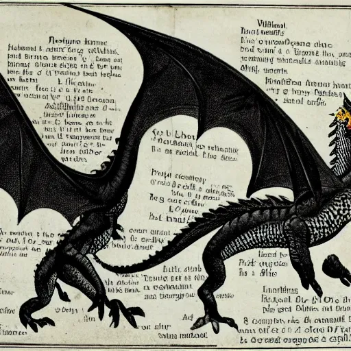 Image similar to old encyclopedia illustrations presenting dragons, with descriptive text, informative diagrams and notes