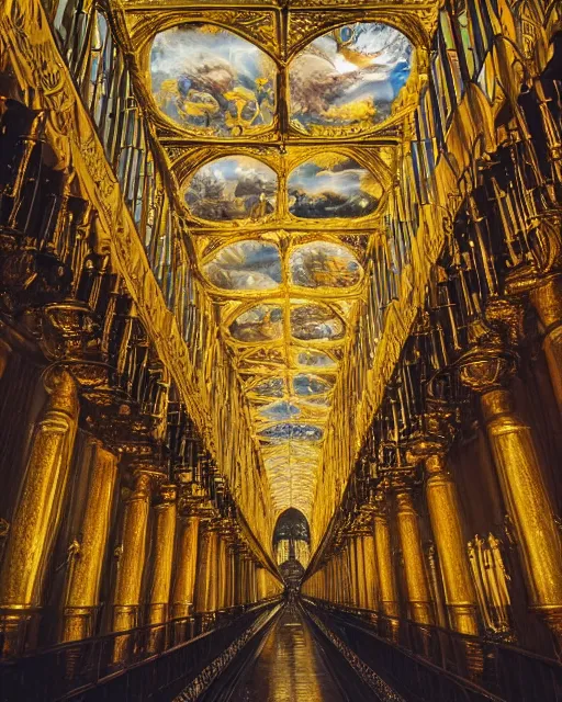 Prompt: a beautifulharry potter school of wizardry, massive golden palace, beautiful architecture, low vantage point, cinematic photography, light rays, complex structure, incomprehensible scale