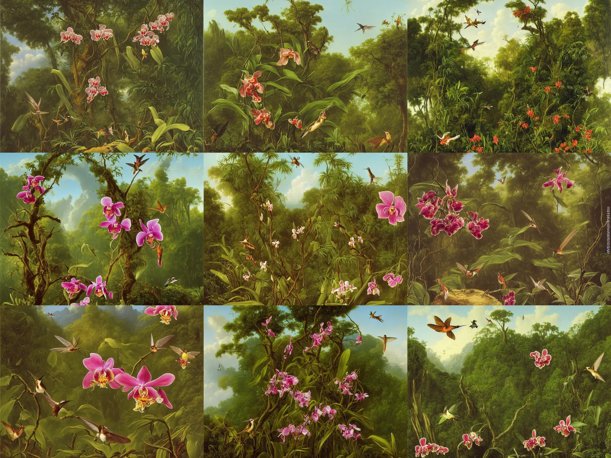 Prompt: painting of an odontoglossum orchid and a hummingbird in front of a jungle landscape by martin johnson heade