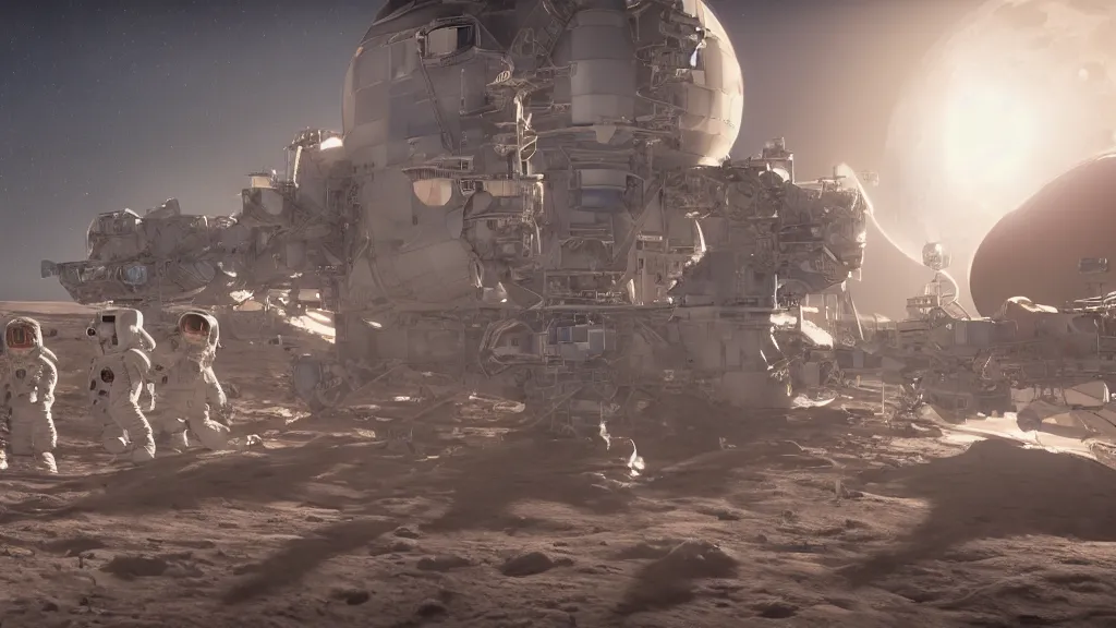 Image similar to disney world on the moon, photorealistic, 8 k, extreme detail, rendered in octane, rendered in arnold, rendered in vray, created in unreal engine 5, crowds of people in space suits