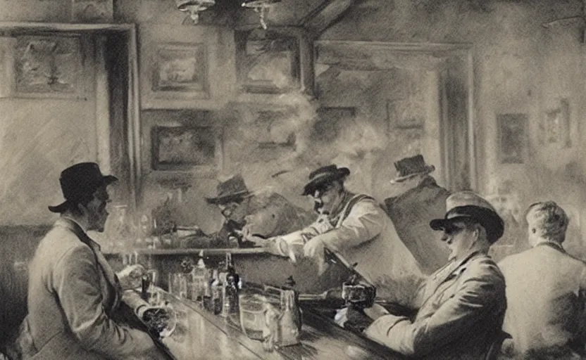 Image similar to masterful etching by anders zorn seedy bar filled with smoke