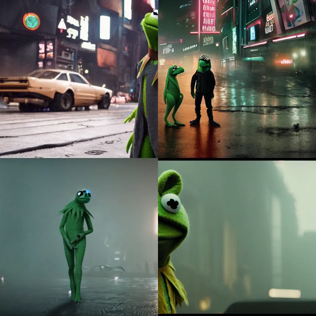 Prompt: Kermit the Frog in Blade Runner 2049