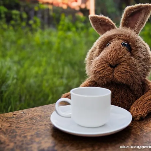 Image similar to a huggable brown rabbit muppet monk wearing a wolf skull as a mask and dat beside a cup of tea, photorealistic, nature, photography, national geographic, sesame street