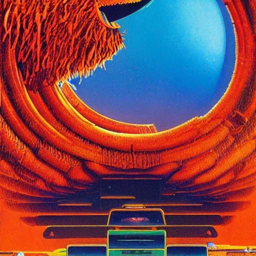 Image similar to elmo in the style of a 7 0 s science fiction novel cover, highly detailed, bruce pennington, peter jones