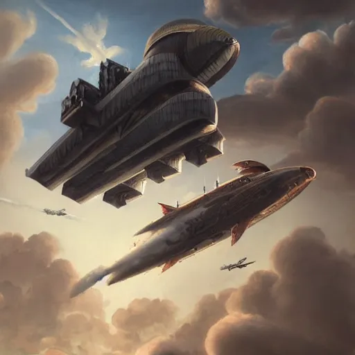 Image similar to a brutalist painting of a large steampunk airship fighting another airship in the sky, by charlie bowater, 4 k