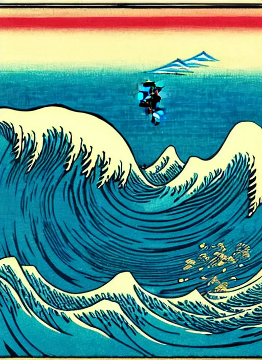 Image similar to a painting of waves in the ocean with mountains in the background, a woodcut by utagawa hiroshige ii, pixiv, ukiyoe, ukiyoe, vaporwave, woodcut