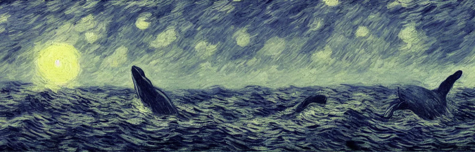 Image similar to An aesthetically pleasing, dynamic, energetic, lively, well-designed digital art of a whale in the ocean at night in a low mist, light and shadow, chiaroscuro, by Claude Monet and Vincent Van Gogh, superior quality, masterpiece, excellent use of negative space. 8K, superior detail.