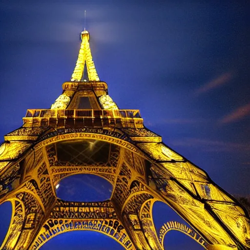 Image similar to high definition, high resolution photograph, miniature effect, tilt shift effect, tilt shift lens : ( subject = eiffel tower + subject detail = night time, high texture detail, high detail )