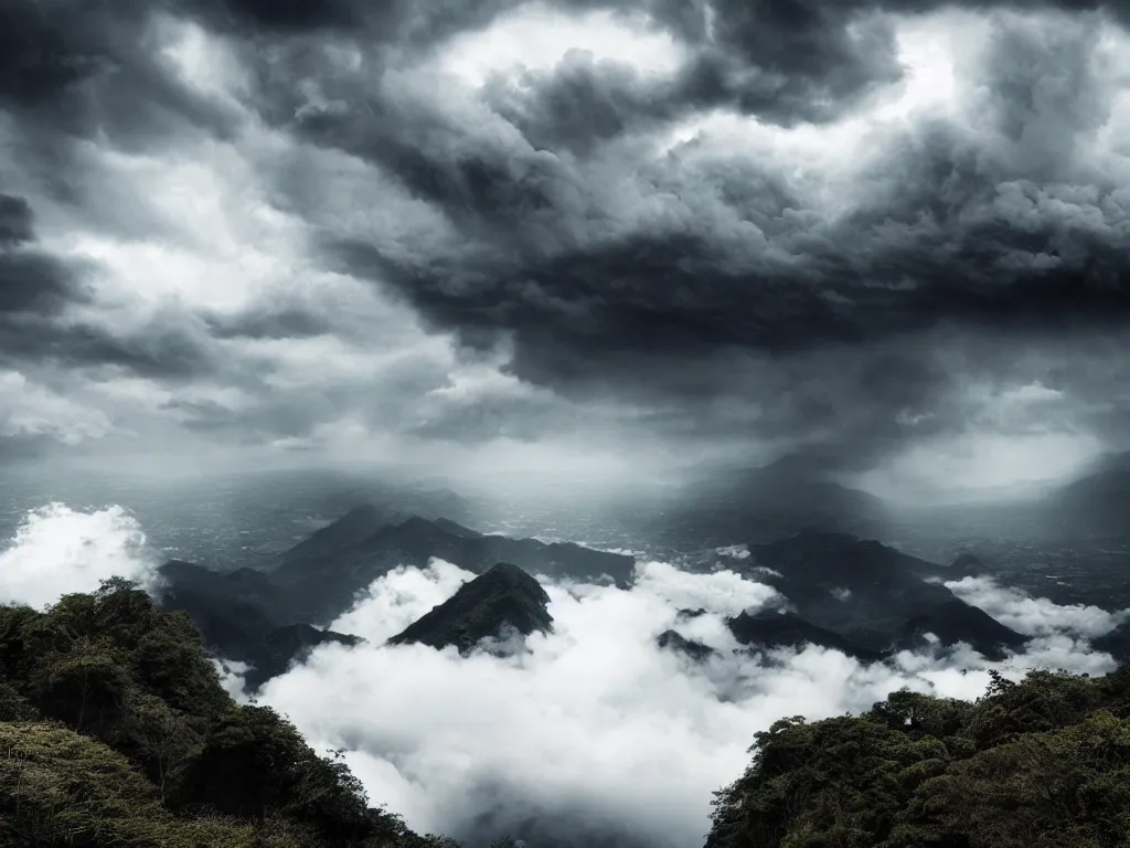 Prompt: detailed landscape, japanese high cliff, very detailed dark super storm, hyper realistic clouds, impressive, magical, very atmospheric, smoke boiling, cinematic, deep, very high complexity, stunning, masterpiece, chiaroscuro, photography, very detailed. 4 k