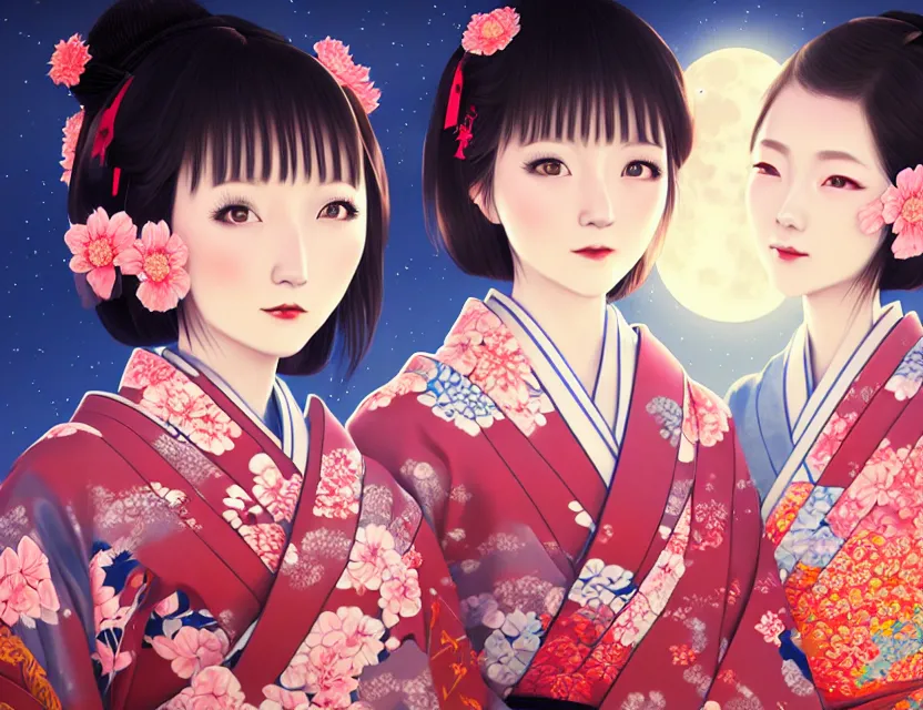 Image similar to two beautiful charming japan girls wear arty kimono in festival | | sunny night, full moon, dreamlike art, realistic shaded, smile, good looking, hyper details, 4 k realistic, cryengine, realistic shaded lighting poster by ilya kuvshinov, fuji choko, ross tran, 8 k resolution, trending on artstation, luxury