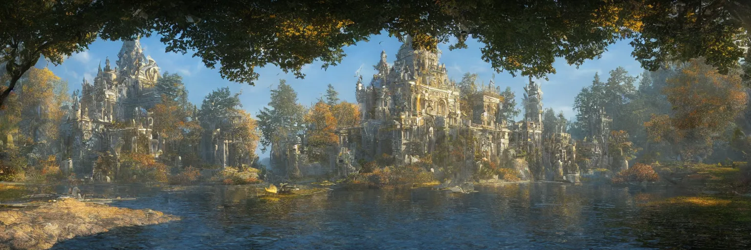 Prompt: entrance of a fabulous marble and gold castle in the sun, surrounded with mystical gardens, magic clear water, luxurious airships, birds for scale, autumn, james gurney, unreal engine, artstation