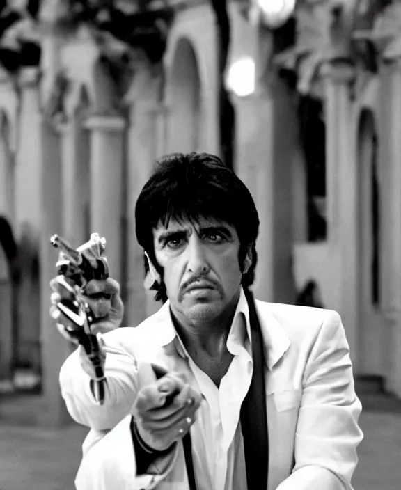 Prompt: tony montana from movie scarface 1 9 8 3. staying with m 1 6 riffle. al pacino, extreme long shot, perfect symmetric face, coherent eyes, fine details, 4 k, ron cobb. cinestill