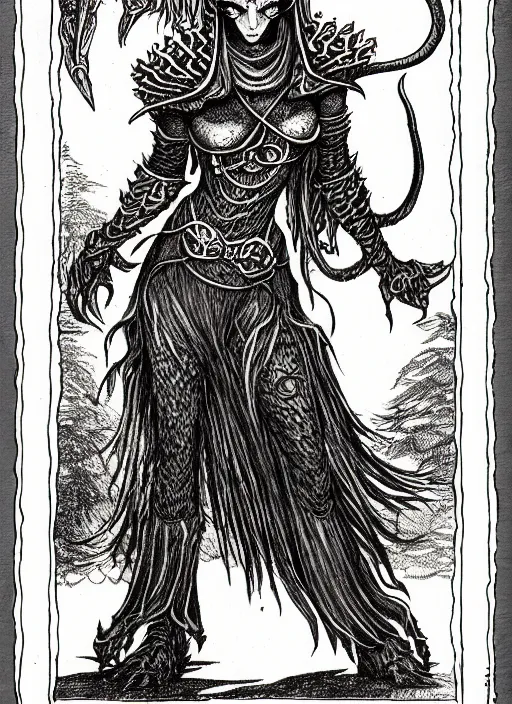 Image similar to cait sidhe as a d & d monster, full body, pen - and - ink illustration, etching, by russ nicholson, david a trampier, larry elmore, 1 9 8 1, hq scan, intricate details, inside stylized border