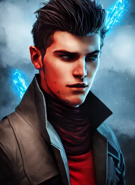 Image similar to An epic fantasy comic book style portrait painting of a young man with black cowlick haircut, wearing black overcoat, red clothes, blue jeans. Unreal 5, DAZ, hyperrealistic, octane render, cosplay, RPG portrait, dynamic lighting