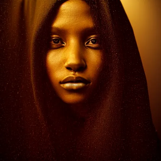 Prompt: a portrait of a young black woman wearing a long dark cloak, hood and shadows covering face, oil painting, matte painting, black background, Volumetric Golden dappled dynamic lighting, Highly Detailed, Cinematic Lighting, Unreal Engine, 8k, HD, by Beksinski