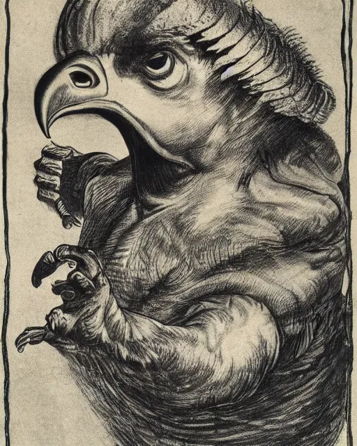 Image similar to a creature with the body and eyes of a man, with the beak of an eagle and the horns of an ox. drawn by francis bacon