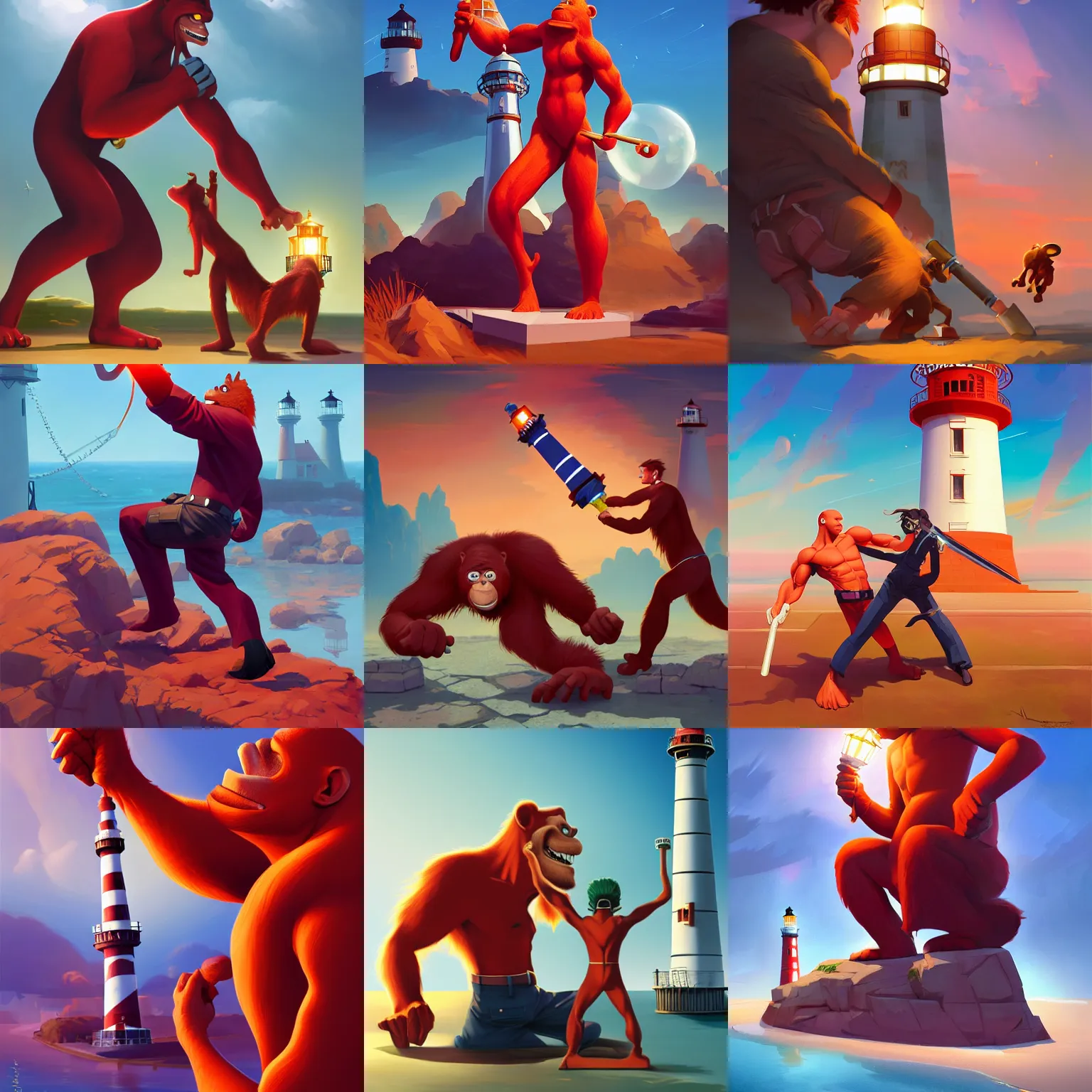 Prompt: hero world atari, red orangutan as secret service agent, holding and shaking beauty model lighthouse as toy, behance hd by jesper ejsing, by rhads, makoto shinkai and lois van baarle, ilya kuvshinov, rossdraws global illumination