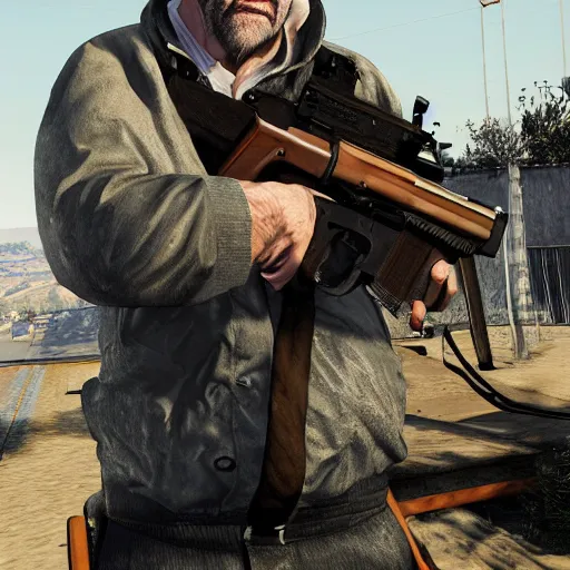 Prompt: Mike Ehrmantraut holding a rifle in GTA V, cover art by stephen bliss, highly detailed, 4k