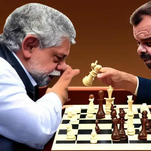 Prompt: photo of luis inacio lula da silva and jair messias bolsonaro playng chess, detailed 4 k