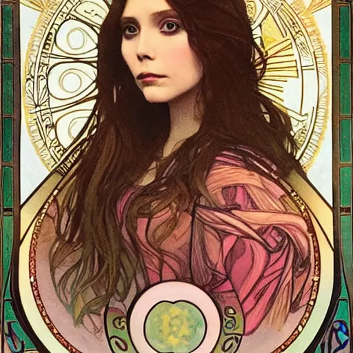 Image similar to elizabeth olsen portrait by louis - theophile hingre and alphonse mucha, realistic, sharp focus, zodiac signs, tarot cards, planets, ethereal, art nouveau, magic, moon, sun, crown, dreamy, royal, jewellery