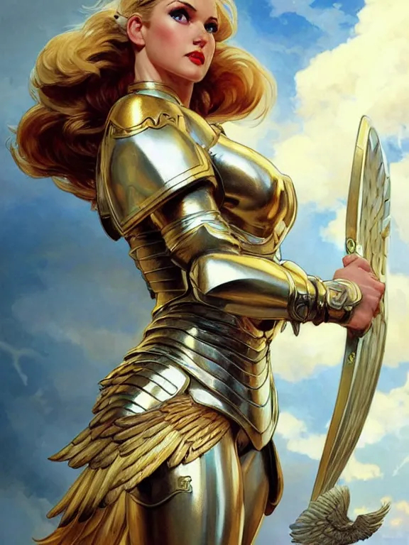 Prompt: pin - up poster of a valkyrie, skintight heavy armor, wings, heroic, celestial - themed, white skin, golden hair, golden eyes, dnd, highly detailed, two arms, detailed face, smooth, sharp focus, pastel painting, by artgerm and greg rutkowski and alphonse mucha