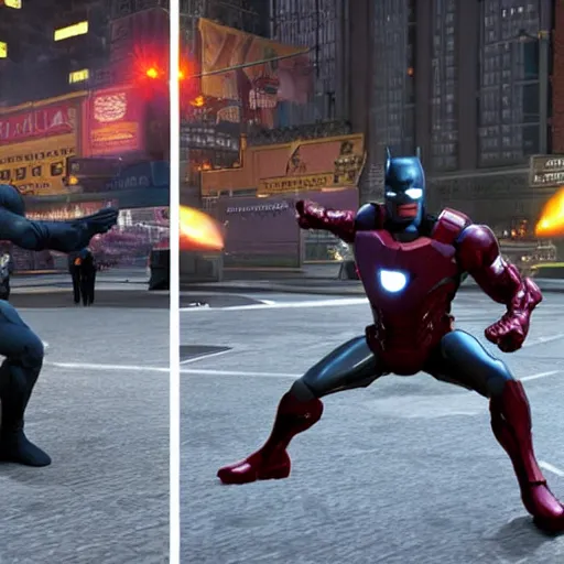 Image similar to batman and iron man fighting in chicago, ultra realistic, photorealistic, ultra details, cinematic