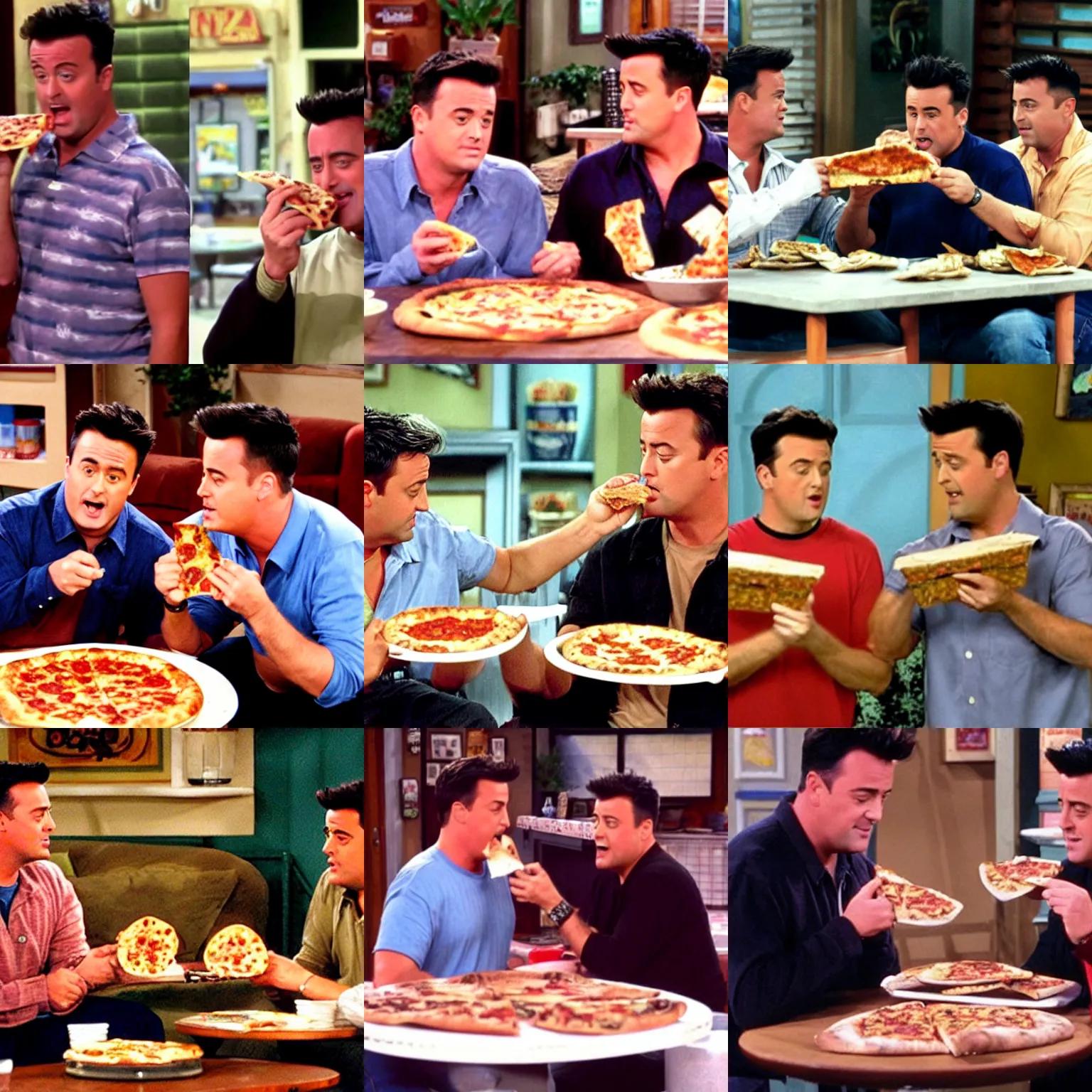 Prompt: chandler bing and joey Tribbiani eating pizza, friends sitcom screenshot