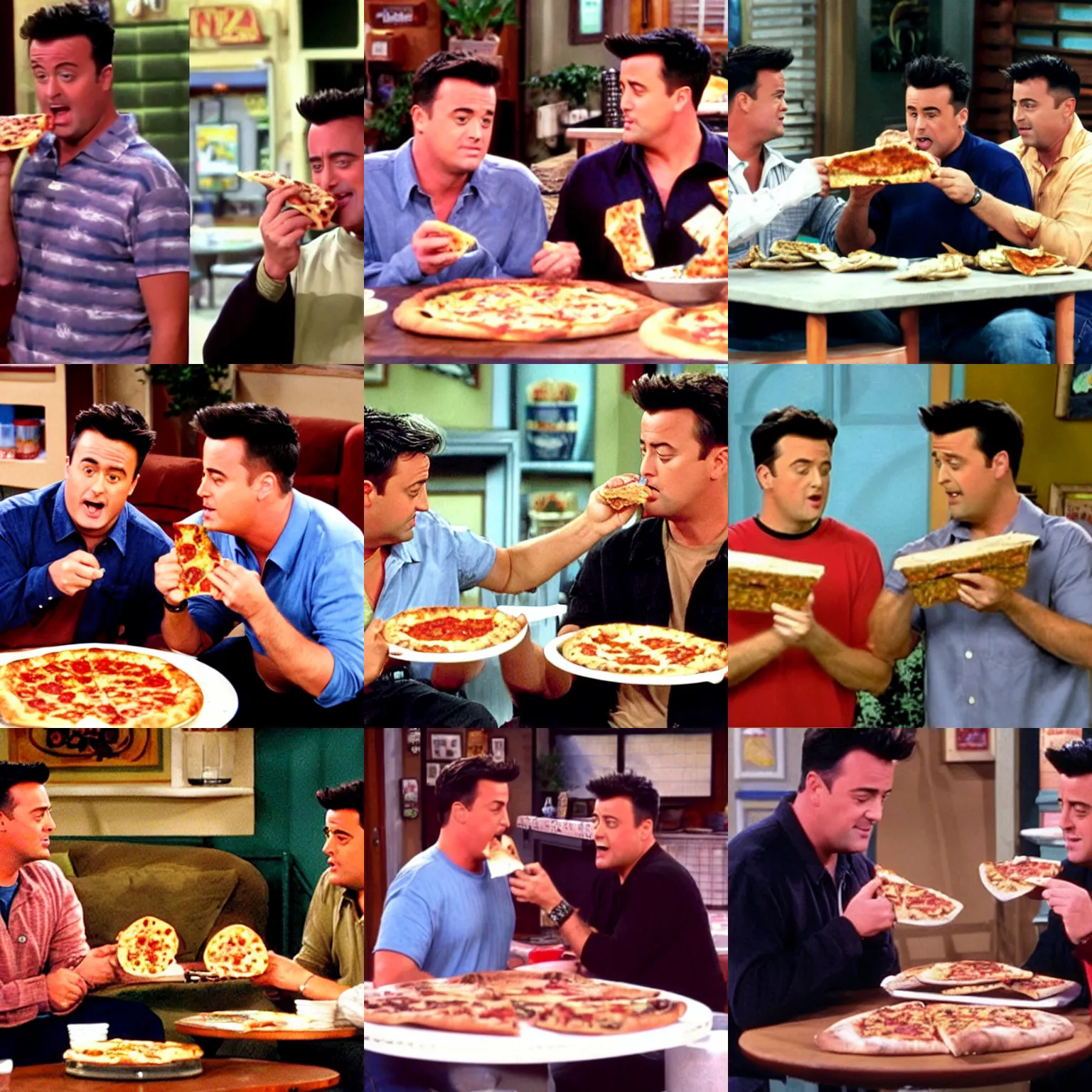 chandler bing and joey Tribbiani eating pizza, friends, Stable Diffusion