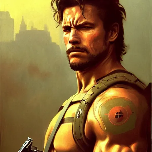 Image similar to Painting of Arnnold Schwarzenegger as Metal Gear Solid character Solid Snake. Art by william adolphe bouguereau. During golden hour. Extremely detailed. Beautiful. 4K. Award winning.