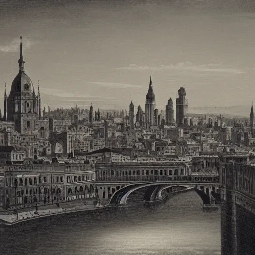 Prompt: a beautiful print of a cityscape with tall spires and delicate bridges. by george tice, by giovanni battista gaulli desaturated, ornate