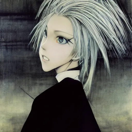 Image similar to Yoshitaka Amano realistic illustration of an anime girl with white hair, eyes without pupils and cracks on her face wearing dress suit with tie fluttering in the wind, abstract black and white patterns on the background, noisy film grain effect, highly detailed, Renaissance oil painting, weird portrait angle