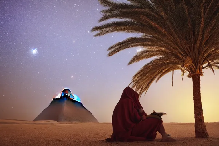 Image similar to a hooded Druid sitting under a tall palm tree in the Egyptian desert reading ancient scrolls in the light from a small fire at night, sitting on the ground, darkness, dim light from fire, desert, starry sky, an ancient city far in the distance, strong dramatic cinematic lighting, lost civilizations, smooth, sharp focus, extremely detailed