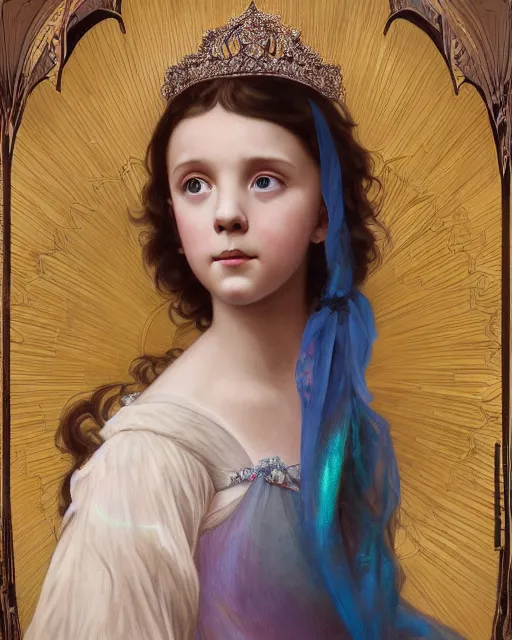 Image similar to a beautiful portrait painting of a shy, blushing princess in a tiara and an iridescent art nouveau gown resembling 1 4 - year old millie bobby brown watching the lantern festival, intricate, elegant, highly detailed, digital painting, artstation, concept art, by krenz cushart and artem demura and william adolph bouguereau and alphonse mucha