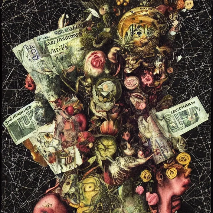 Image similar to post - punk new age album cover, asymmetrical design, dollar bank notes, capitalism, magic, apocalypse, psychedelic, black white pink, highly detailed, magic, giger h. r., giuseppe arcimboldo