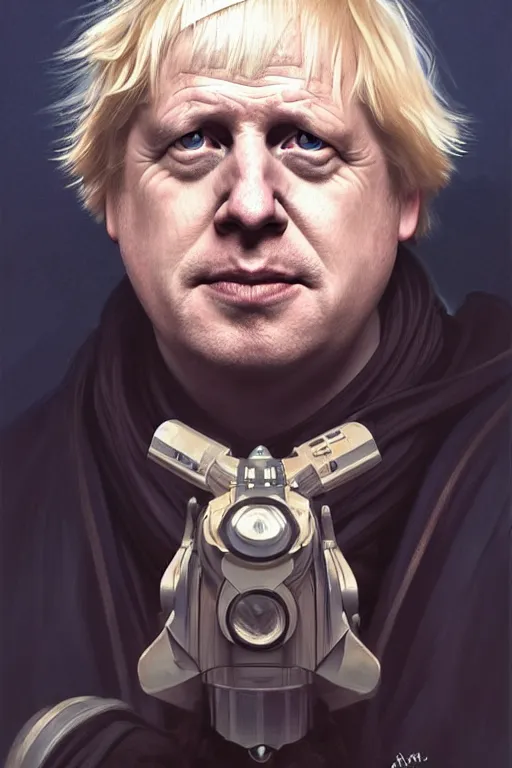 Image similar to Boris Johnson as a Jedi from Star Wars, Union Jack light saber, realistic portrait, symmetrical, highly detailed, digital painting, artstation, concept art, smooth, sharp focus, illustration, cinematic lighting, art by artgerm and greg rutkowski and alphonse mucha